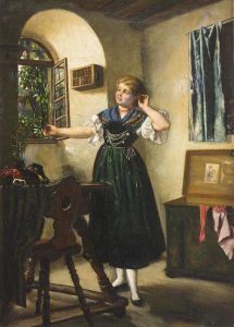 Frau in einem Dirndl während einer Anprobe, historische Fotografie von 1883