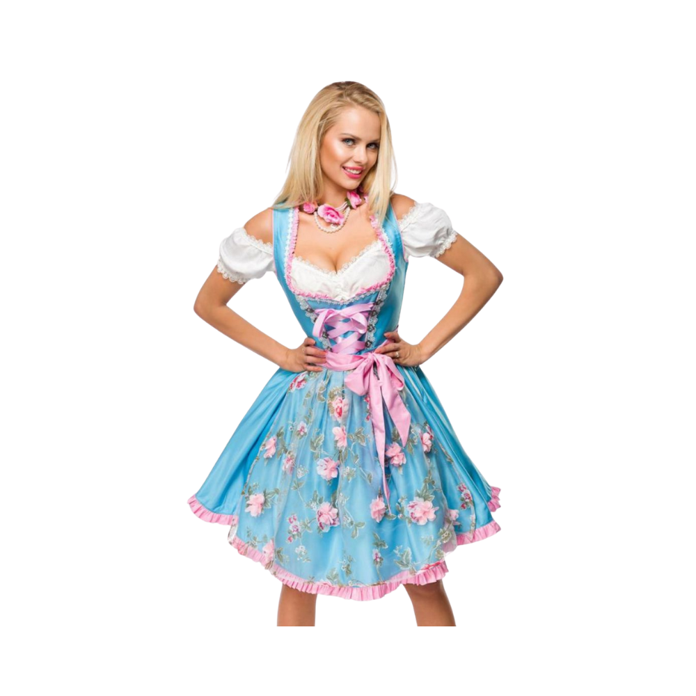 Romantisches Dirndl in Blau mit Rosèfarbener Blumenschürze und Satinschleife. Der herzförmige Ausschnitt ist ringsum mit Rüschen besetzt.