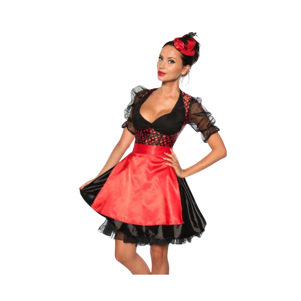 Elegantes Vintage-Dirndl in Schwarz mit roter Schürze. Die Rückenpartie ist aus glänzendem Satinstoff mit roten Dots