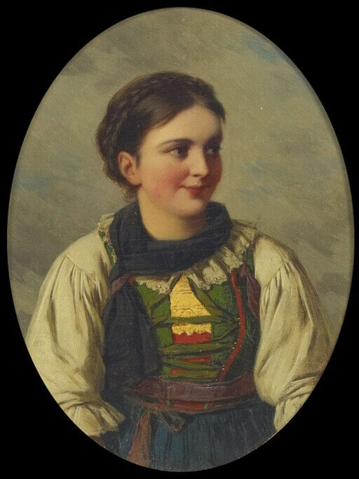 „Gemälde von Franz von Defregger aus dem Jahr 1881, das eine Frau in einem Tiroler Dirndl zeigt.“