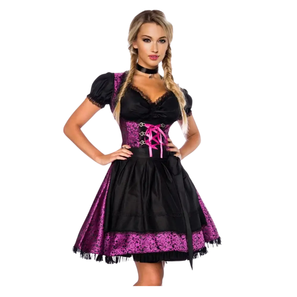 Dirndl schlicht elegant Brombeer Frontalansicht mit scheingendem Rock und schwarzer Schürze